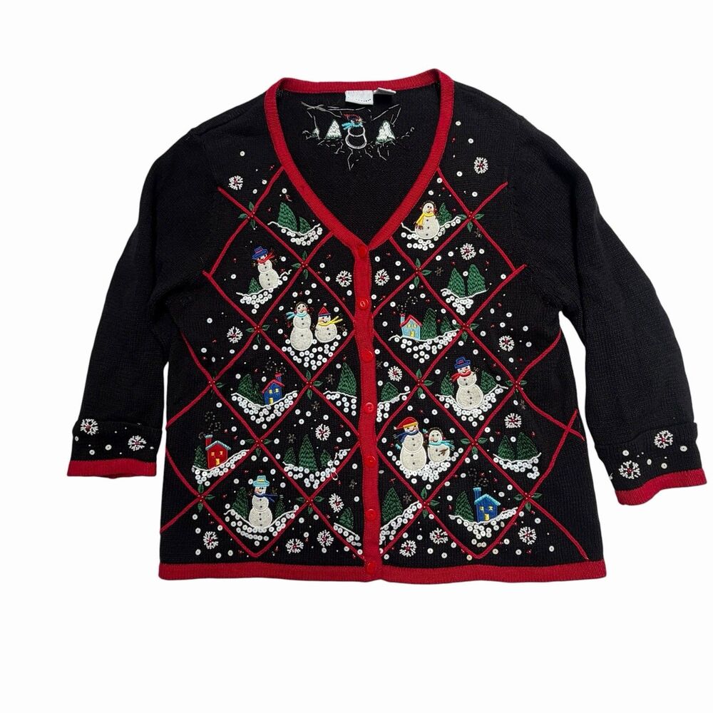 VTG Christmas Cardigan Black Snowman Snowflake Argyle Holiday Sweater